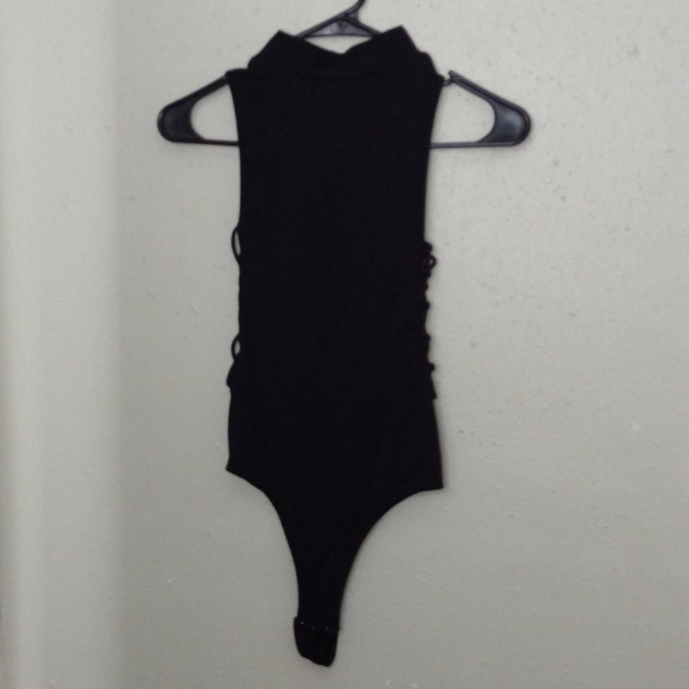 Lace sided black high-neck bodysuit